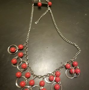 Red silver round hoop necklace